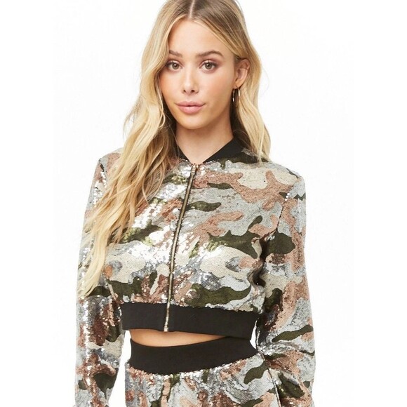 Camo Sequin Cropped Bomber Jacket Womens Glam Baddie Club - Picture 1 of 12